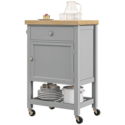 Kitchen Cart on Wheels, Rolling Kitchen Island Cart with Wood Top, Towel Rack, Drawer and Shelf for Dining Area, Grey