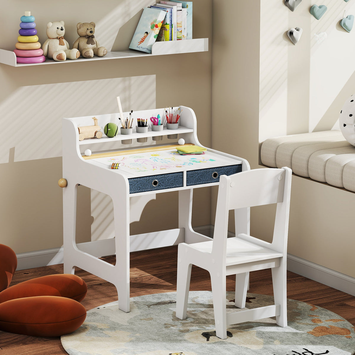 Kids Study Table and Chair Set, Art Desk and Chair Set with Storage Shelf and Drawers for 3-8 Year Old