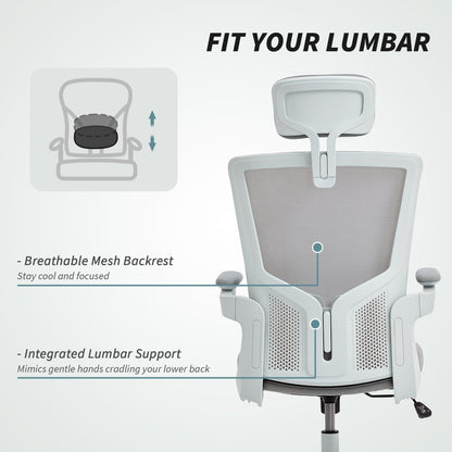 Ergonomic Office Chair, Swivel Desk Chair with Adjustable Lumbar Support, Headrest and Height, Flip-up Armrests, Beige