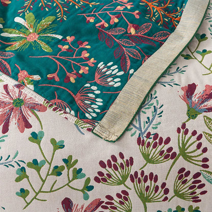 Wild Garden Boho Cotton Blanket/Throw - Cream/Emerald Green