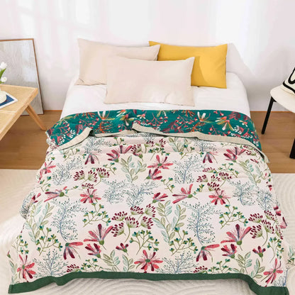 Wild Garden Boho Cotton Blanket/Throw - Cream/Emerald Green