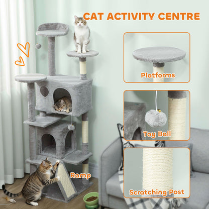 54" Cat Tree, Multi-Level Cat Tower with Scratching Posts, Cat Condos, Bed, Platforms, Ramp, Toy Ball, Beige