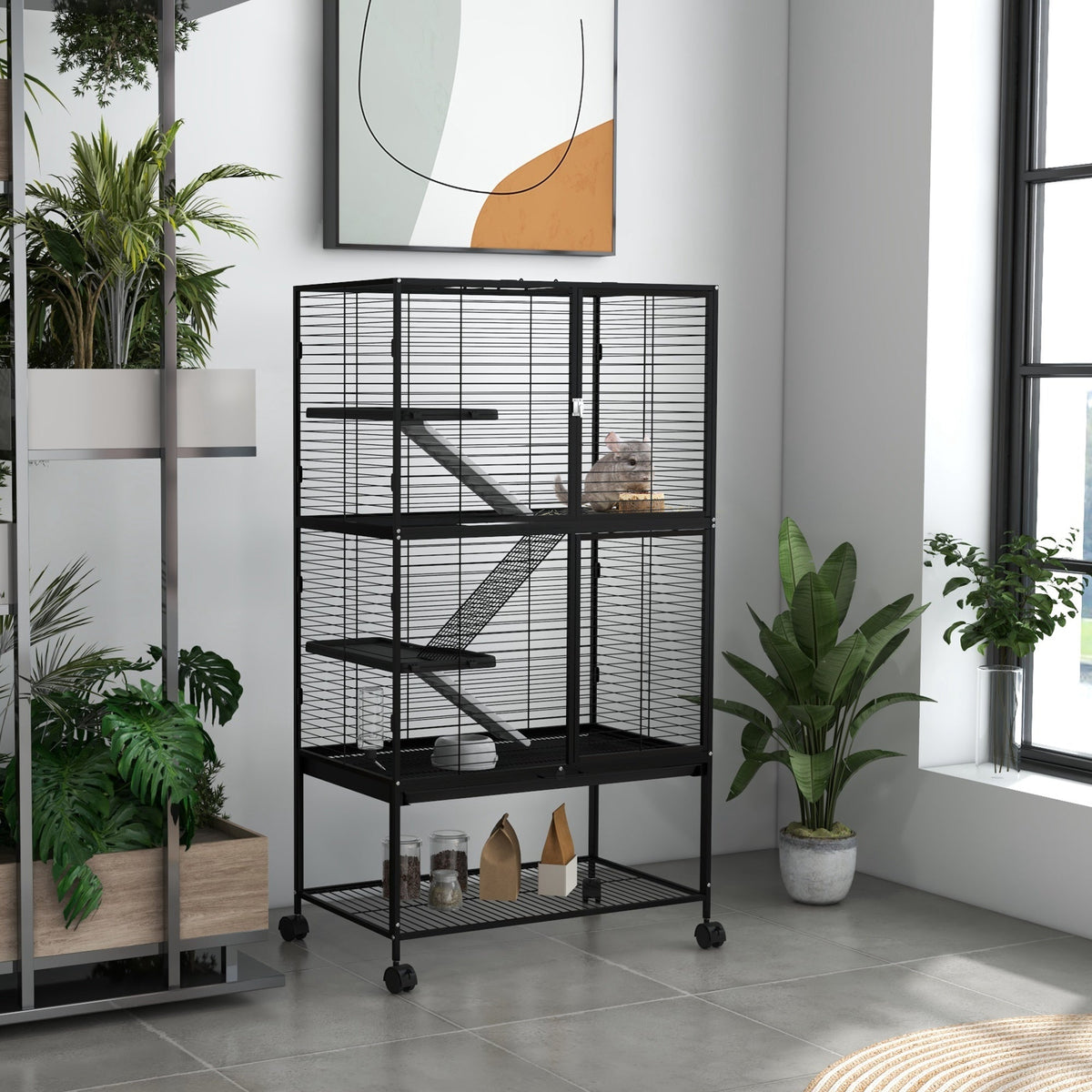 Rolling Small Animal Cage 34"H Chinchilla Cage for Ferrets, Squirrels w/ Removable Tray, Storage Shelf, Black