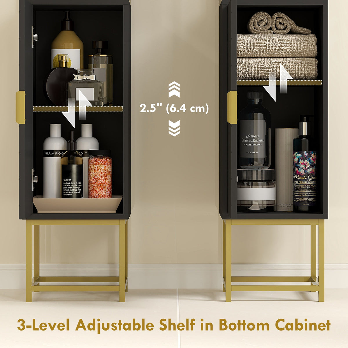 Tall Bathroom Storage Cabinet, Modern Narrow Bathroom Cabinet with Diamond Chevron Pattern and Adjustable Shelf, Black