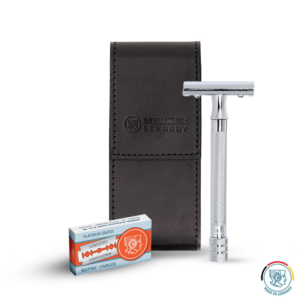 Merkur 23C Safety Razor Travel Set – Black Leather Case and 10 Blades