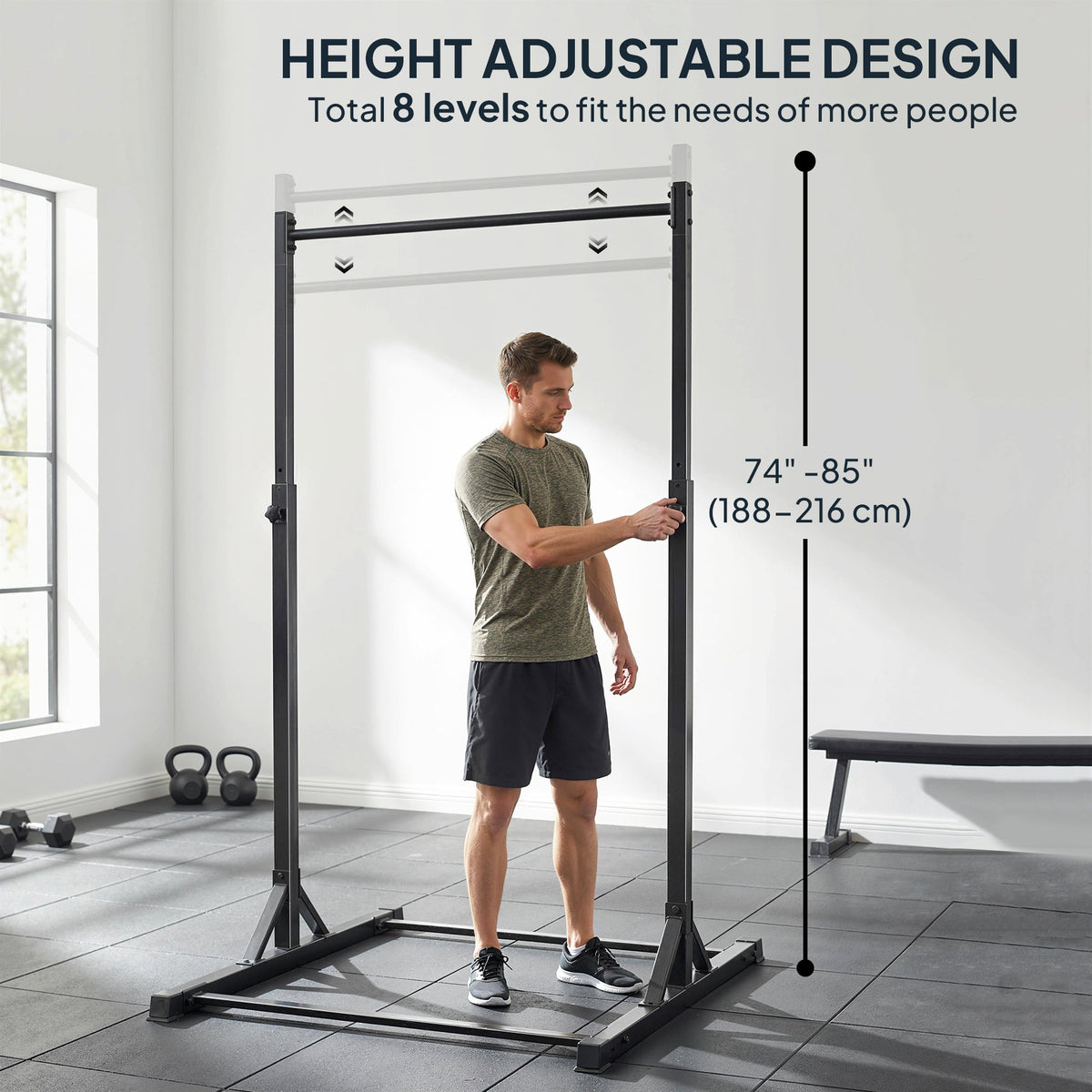 Portable Pull Up Station, Height Adjustable Pull Up Bar with 8 Levels for Home Gym Strength Training, 440LBS Capacity