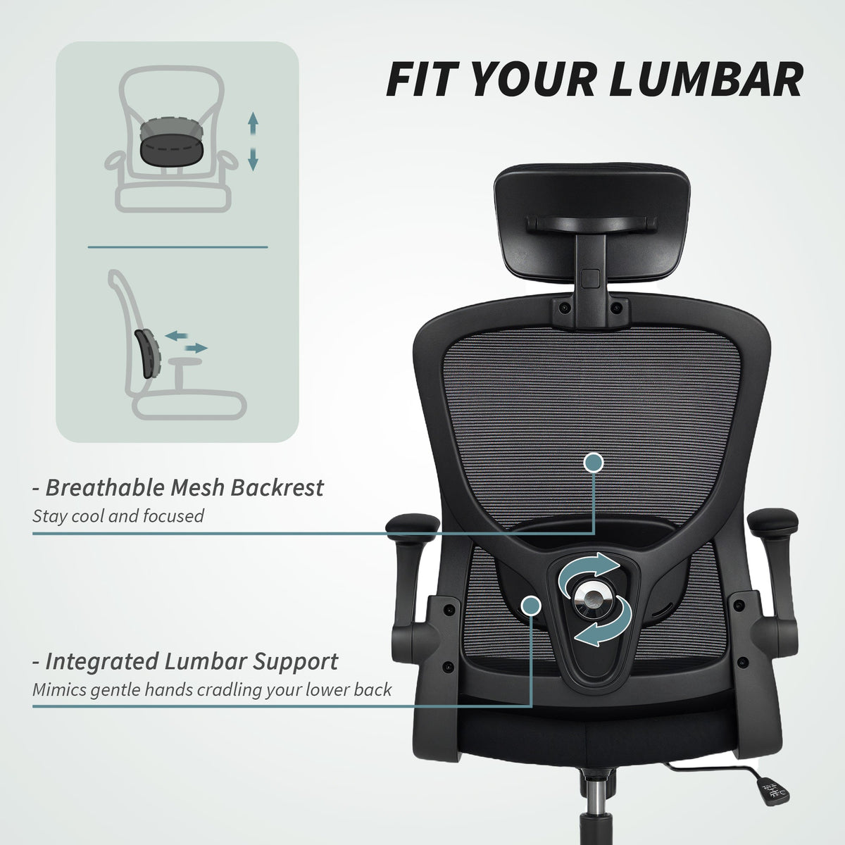Ergonomic Office Chair, Mesh Desk Chair with Adjustable Headrest, Lumbar Support and Height, Flip-Up Armrests, Black