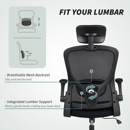 Ergonomic Office Chair, Mesh Desk Chair with Adjustable Headrest, Lumbar Support and Height, Flip-Up Armrests, Black