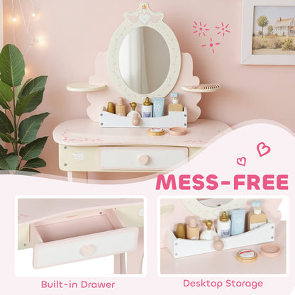 Kids Vanity Set, Girls Dressing Table with Mirror and Stool, 7 Accessories, Drawers, Desktop Storage, Pink