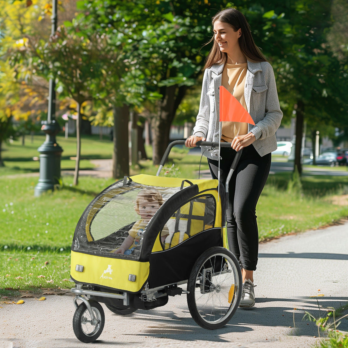 2-in-1 Bike Trailer for Kids, Foldable 2-Seat Baby Stroller with 5-Point Harness, Rubber Wheels, Storage Bag, Black