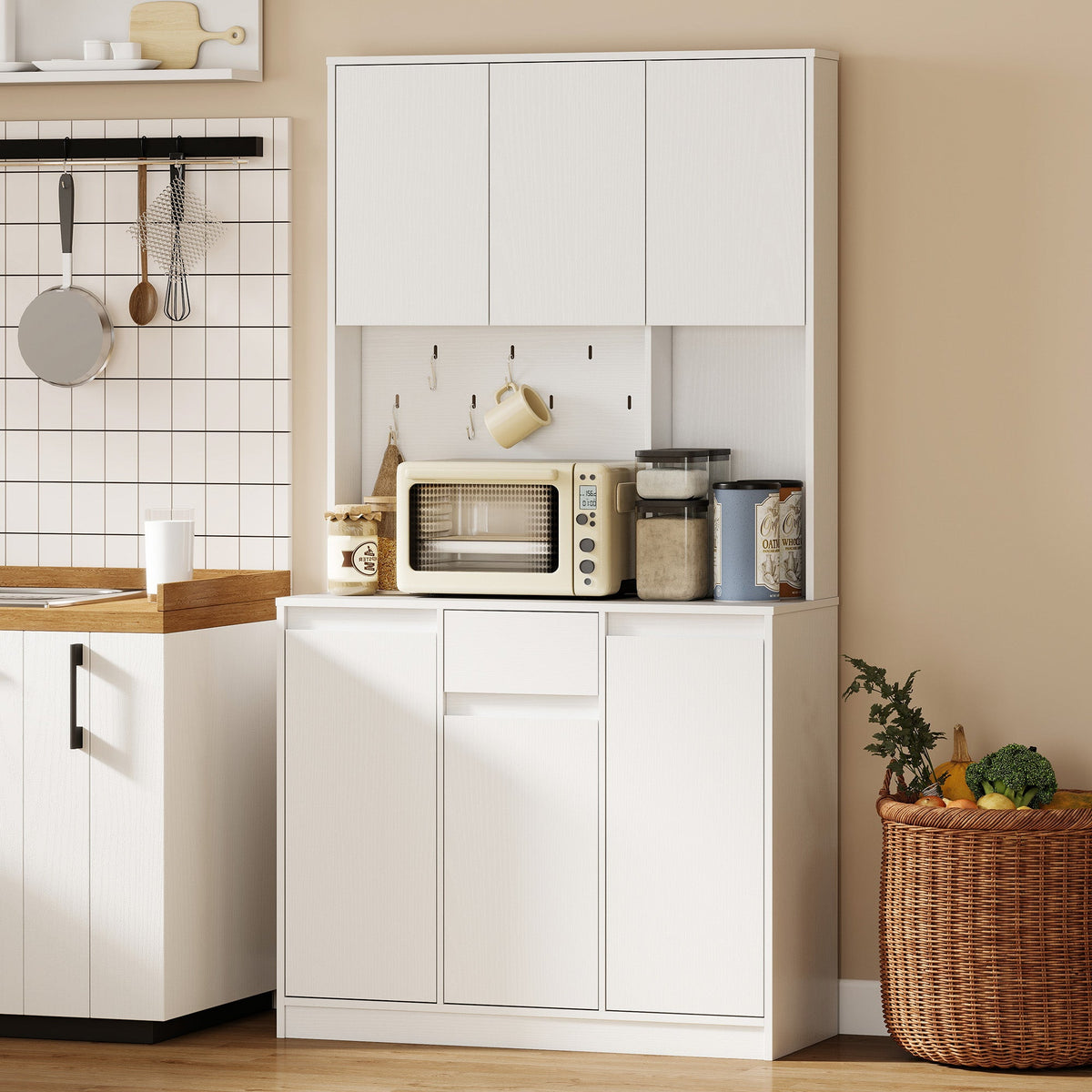 71" Pantry Cabinet with Charging Station, Kitchen Storage Cabinet with Microwave Stand, Pegboard, 6 S-hooks, Black