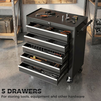 5 Drawer Roller Tool Chest, Lockable Toolbox, Storage Organizer with Handle for Workshop Mechanics Garage, Black and Red