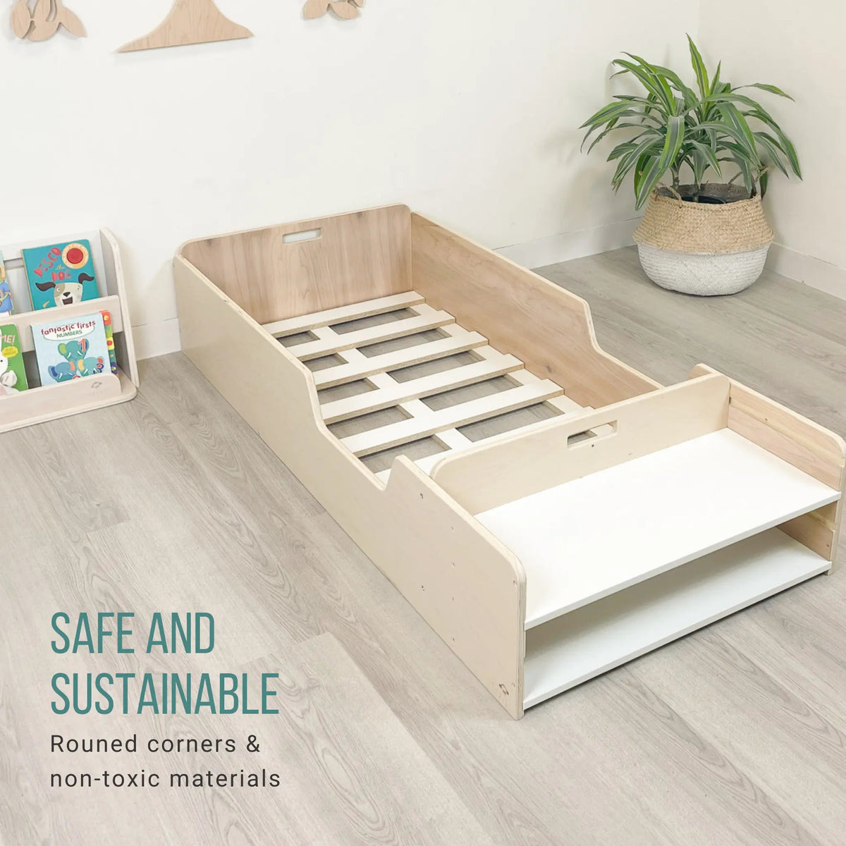APPLE JUNIOR - Montessori Floor Bed with Rails & Shelves