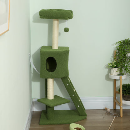 47" Tall Cat Tree Tower with Condo, Ladder, Scratching Posts and Hanging Ball, Light Grey