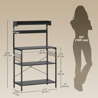 Kitchen Baker's Rack with Power Outlet, Coffee Bar Station with Adjustable Shelves and Hooks, Distressed Grey