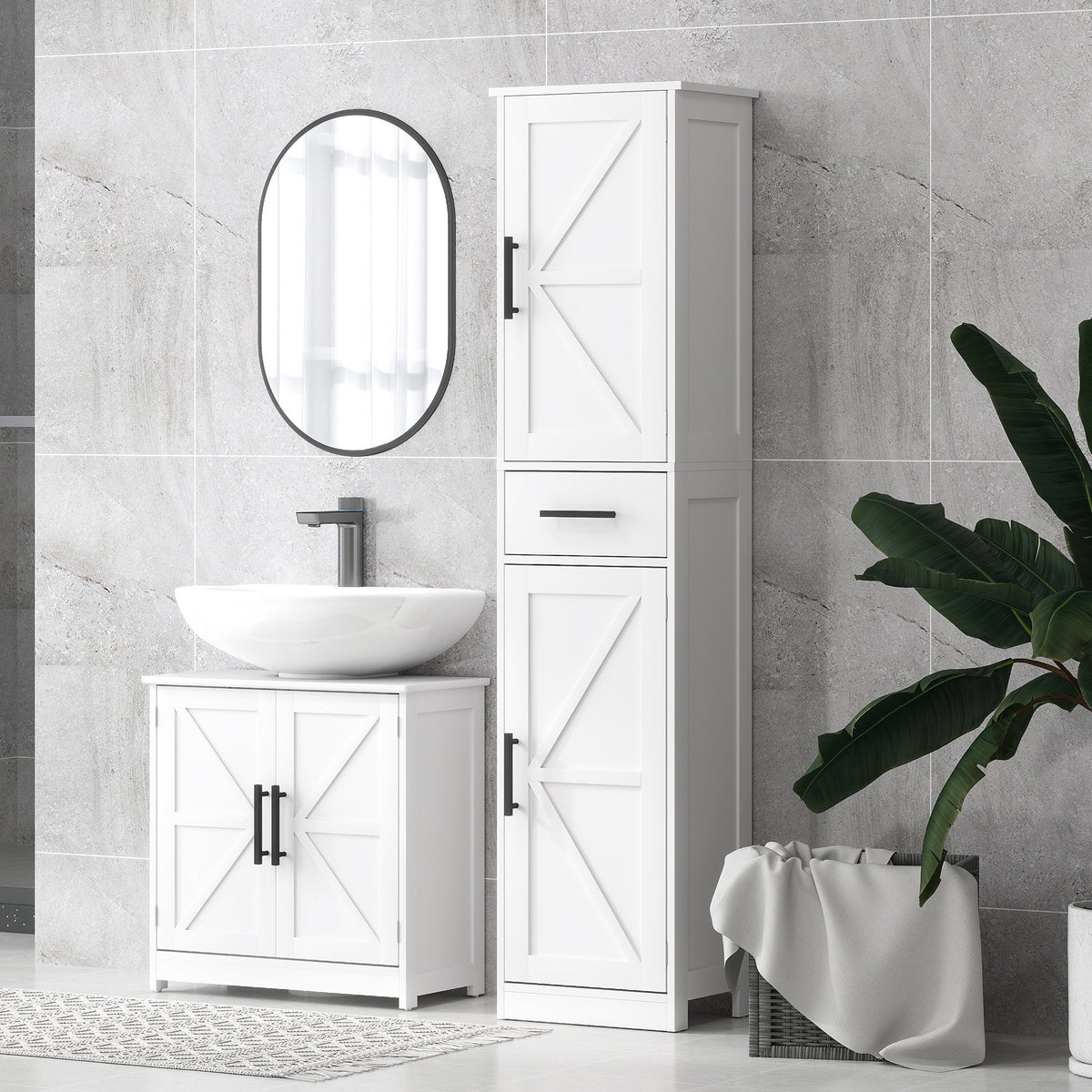 Farmhouse Pedestal Sink Storage Cabinet, Bathroom Under Sink Cabinet with 2 Barn Doors and Adjustable Shelf, White