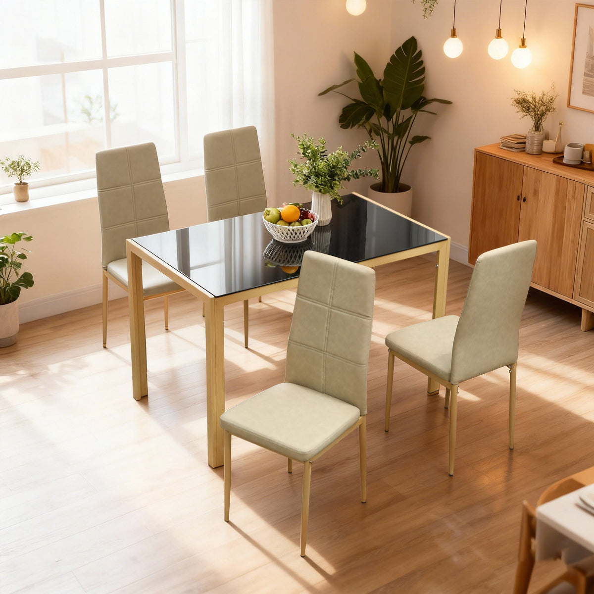 5-Piece Rectangular Glass Kitchen Table and Chairs with Metal Frame and Faux Leather Upholstery for Dining Room, Black
