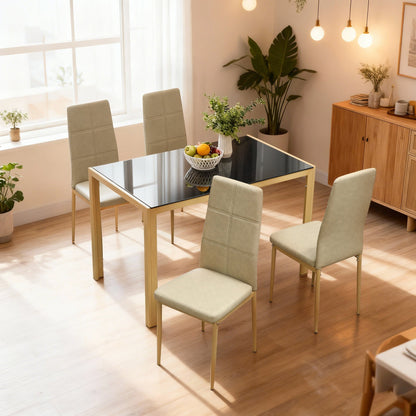 5-Piece Rectangular Glass Kitchen Table and Chairs with Metal Frame and Faux Leather Upholstery for Dining Room, Black