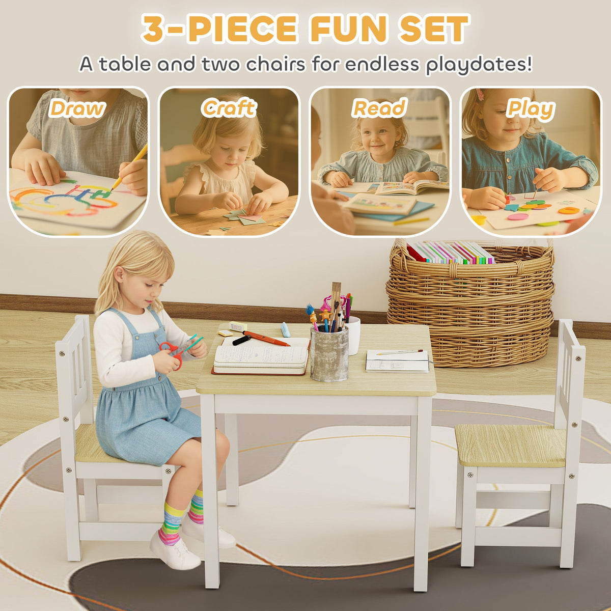 Kids Table and Chairs Set, Toddler Table and 2 Chair Set for Activity, Art, Craft, Reading, Learning, Grey