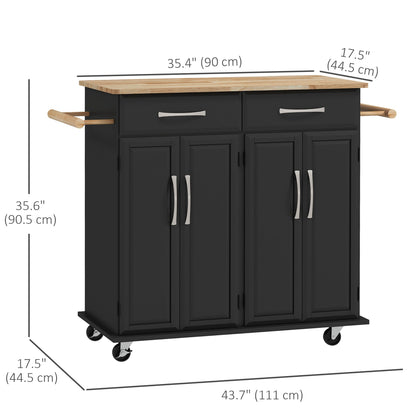 Kitchen Island on Wheels with Rubberwood Top, Rolling Kitchen Cart with 2 Drawers, 4 Doors and Adjustable Shelves