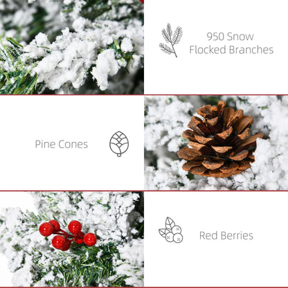 6 Foot Pencil Snow Flocked Artificial Christmas Tree with 600 Pine Realistic Branches, Pine Cones, Red Berries, Auto Open, Green