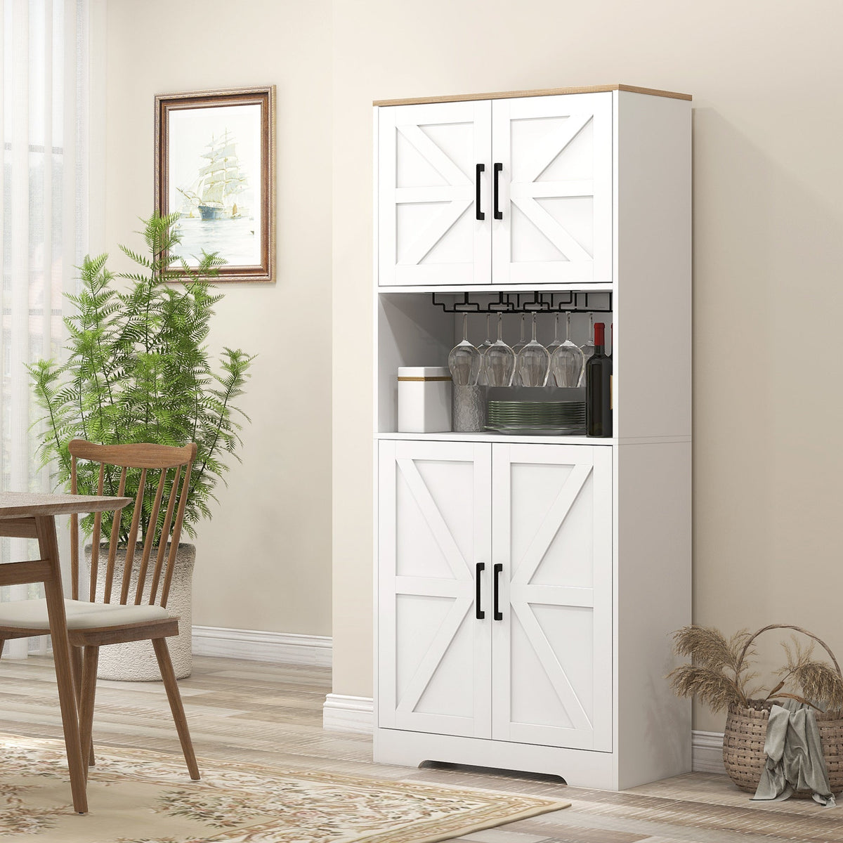 Farmhouse Kitchen Pantry, 68" Freestanding Hutch Storage Cabinet with Microwave Oven Countertop, Black