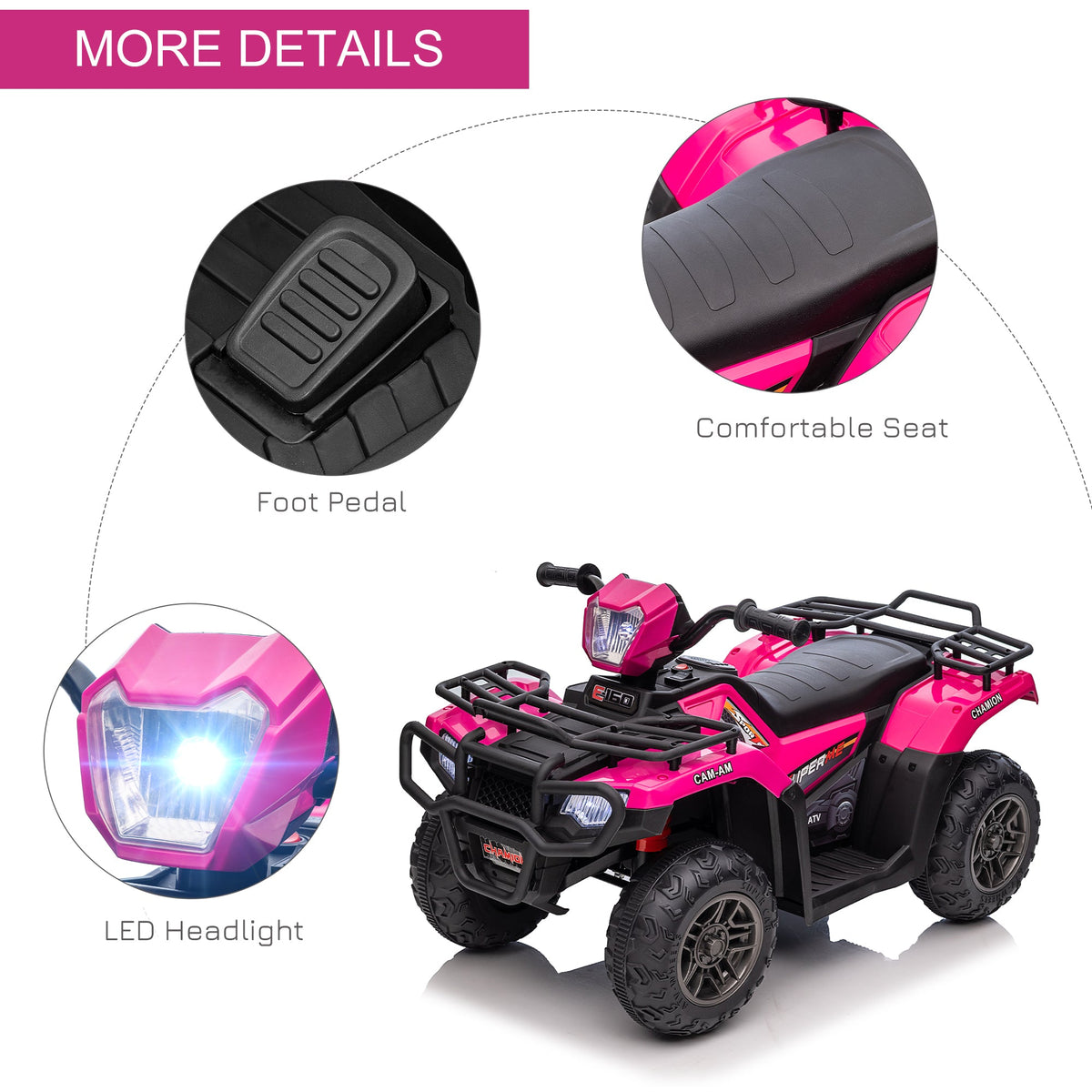 12V Kids ATV Quad, 4 Wheeler Battery Powered Electric Vehicle with Music MP3, Headlights, High Low Speed, Treaded Tires, for Boys and Girls Ages 37-60 Months, Pink