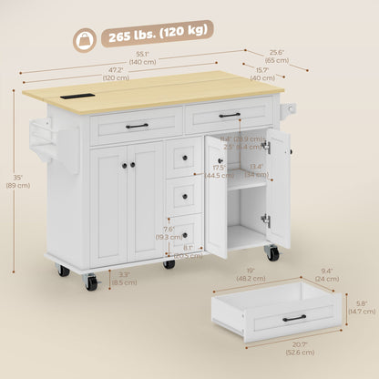 Kitchen Island Cart with Power Outlet & Drop Leaf, 55" Rolling Kitchen Island on Wheels with Storage, Black