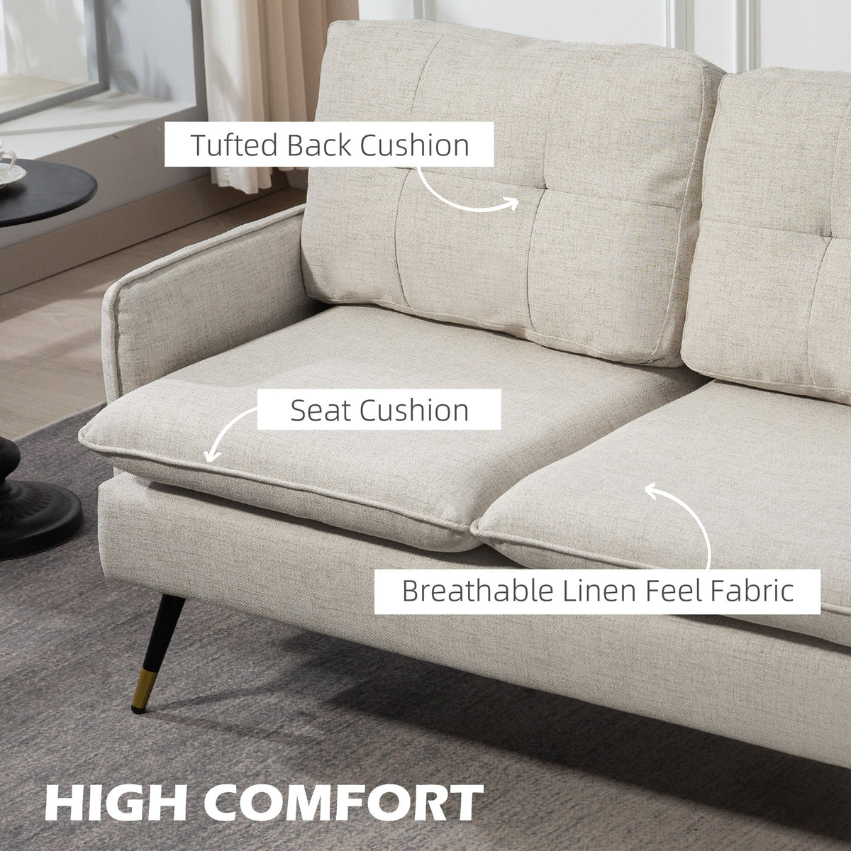55" Loveseat Sofa, Linen Love Seat w/ S spring, Steel Legs and Button Tufting, Small Couch for Living Room, Dark Grey