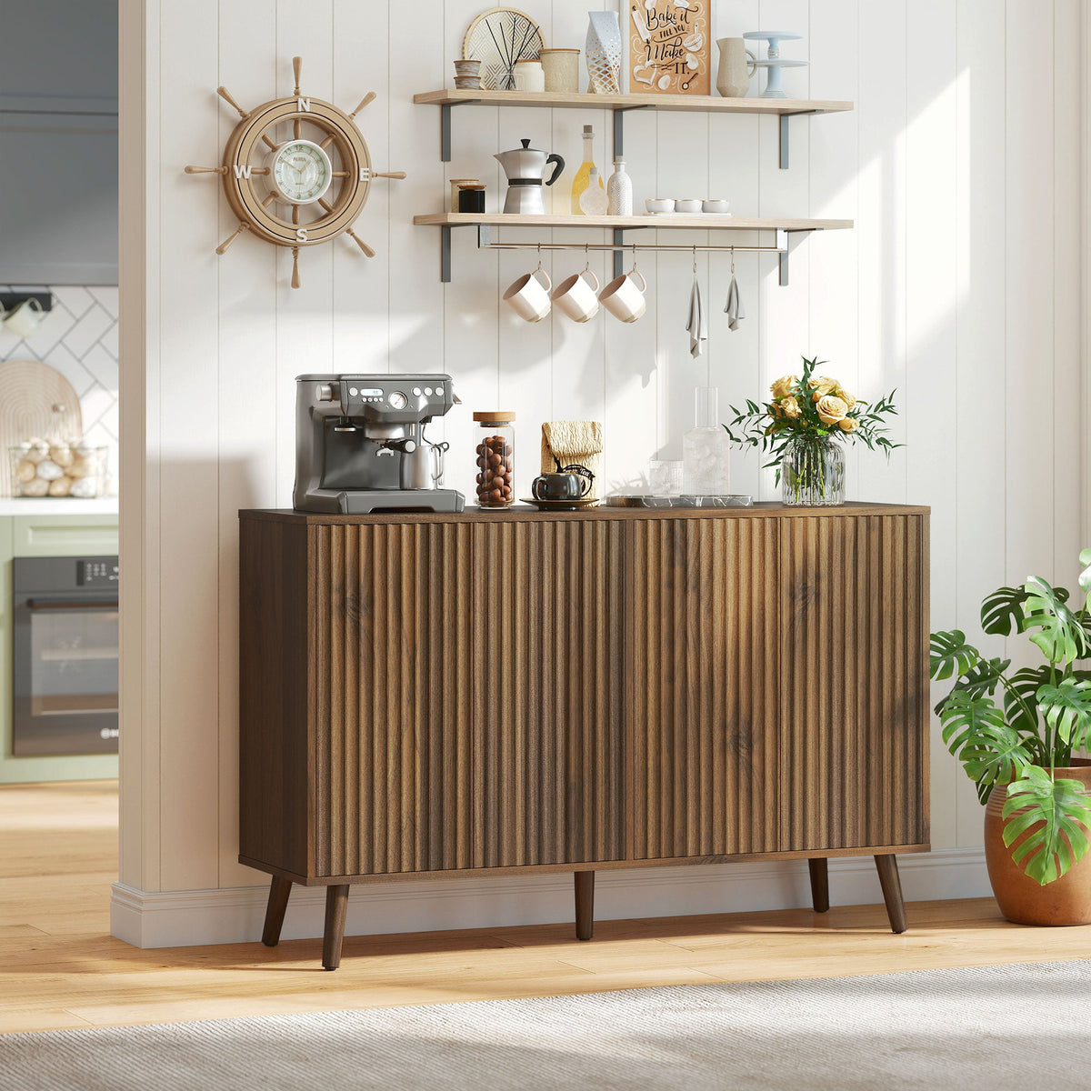Buffet Cabinet with Storage Modern Fluted Sideboard with Adjustable Shelves Wood Legs for Dining Room Living Room Oak