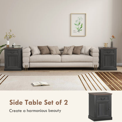 Side Table Set of 2, End Tables with Drawer and Cabinet, Nightstands for Small Spaces, Living Room, Black