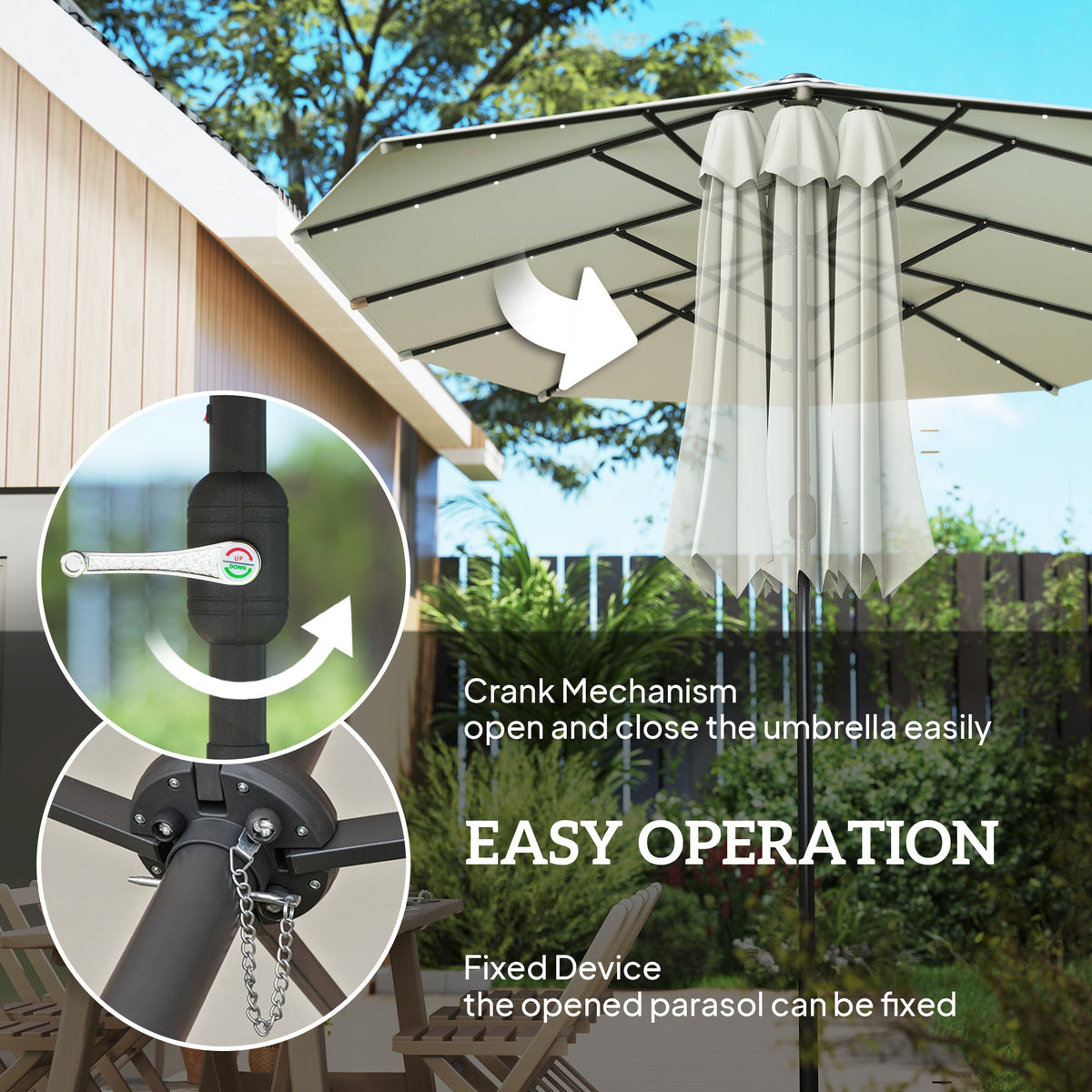 174" Double-Sided Sun Umbrella Garden Parasol Patio Sun Shade Outdoor with LED Solar Light, Khaki