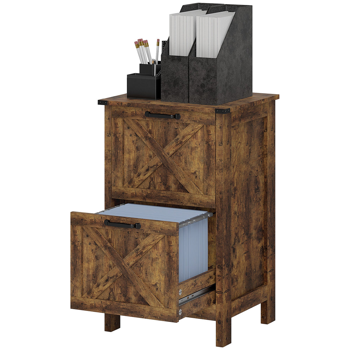 Vertical Filing Cabinet with 2 Drawers, Rustic Farmhouse Office Storage Cabinet for A4, Letter Size, Distressed Black