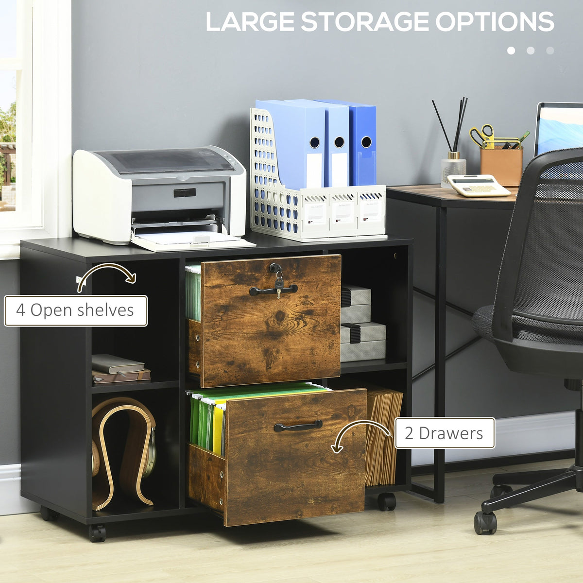 Lateral Filing Cabinet with Wheels and Lockable Drawer, File Cabinet, Mobile Printer Stand with Open Shelves for Letter and A4 Size Documents for Home Office, Grey