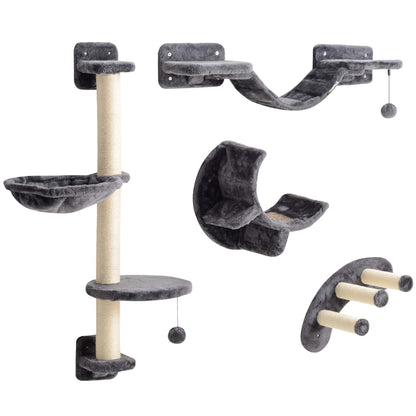 4Pcs Cat Wall Shelf with Scratching Post, Cat Wall Shelves for Relaxing, Climbing, Cat Wall With Soft Ladder, Hammock, Play Balls, Grey