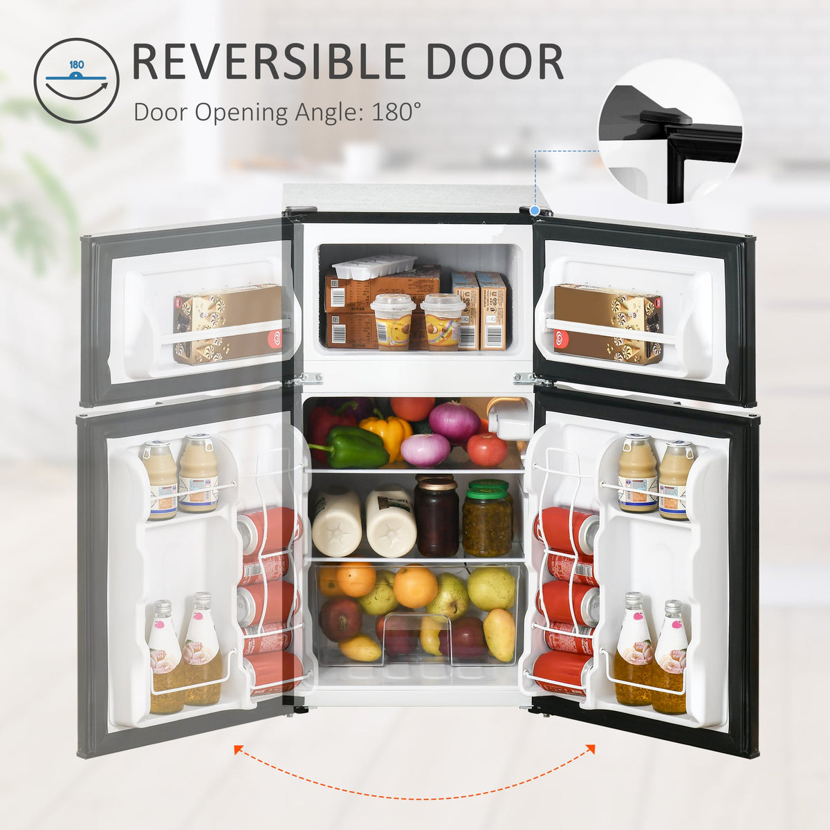 3.2 Cu Ft Compact Refrigerator, Mini Fridge with Freezer, Adjustable Shelves and Reversible Doors for Bedroom, Black