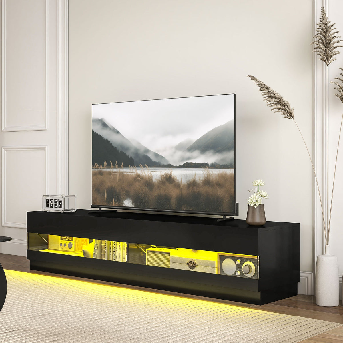 Hart Lighted TV Stand for TVs up to 75"-High Gloss Black
