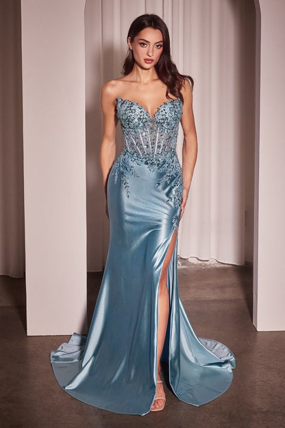 5 different colours SATIN & LACE STRAPLESS FITTED GOWN