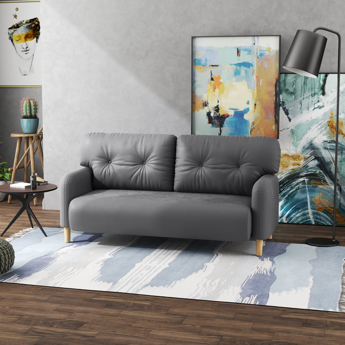 58" 2 Seat Sofa, Modern Love Seats Furniture, Upholstered 2 Seater Couch, Solid Wood Frame, Beige