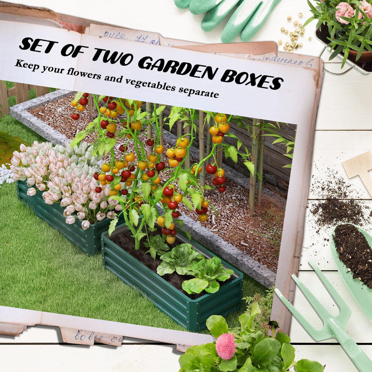 Galvanized Raised Garden Beds, Outdoor Planter Box, Set of 2, for Flowers, Herbs and Vegetables, Black