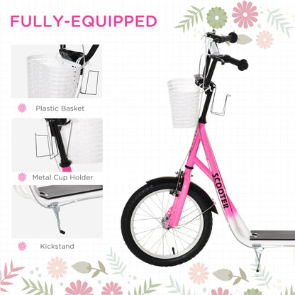 Kick Scooter with Adjustable Handlebar, Kids Scooter with 2 Brakes Basket Cupholder 16" Inflatable Rubber Tyres Orange