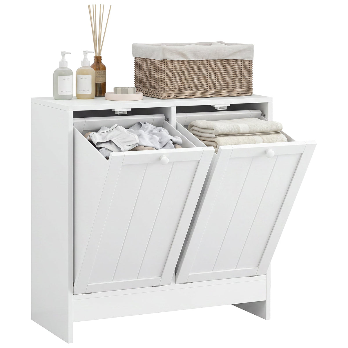 Tilt-Out Laundry Storage Cabinet, Modern Laundry Hamper with 2 Compartments for Bathroom Washroom, Black