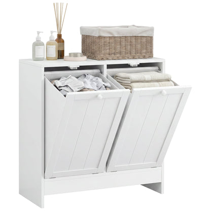 Tilt-Out Laundry Storage Cabinet, Modern Laundry Hamper with 2 Compartments for Bathroom Washroom, Black