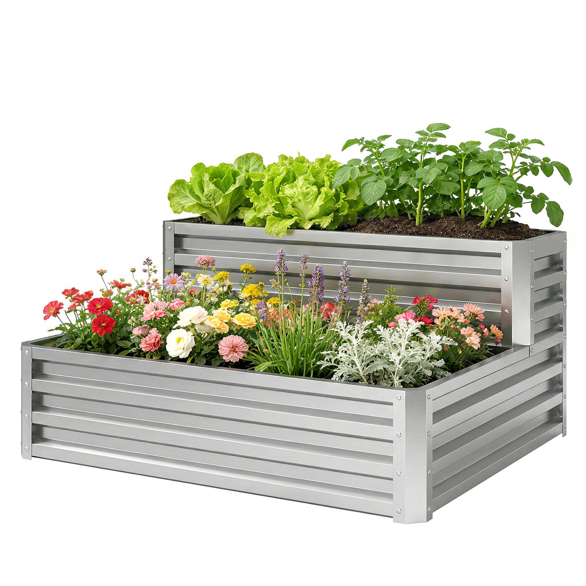 2 Tier Raised Garden Bed, 47" x 40" x 23" Galvanized Steel Planter Box for Vegetables, Flowers, and Herbs, Dark Grey