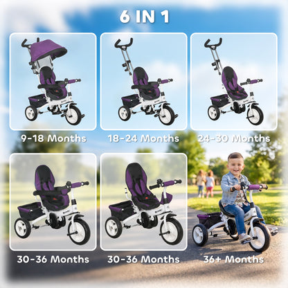 6 in 1 Toddler Tricycle Stroller with Basket, Canopy, 5-point Safety Harness, for 12-60 Months, Grey