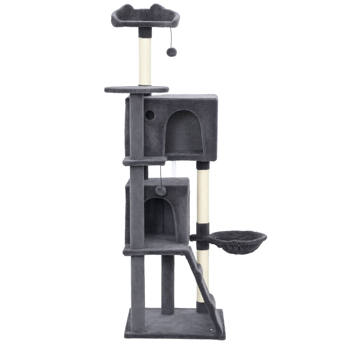 63 Inch Cat Tree with Sisal Scratching Posts, Condos, Plush Perches, Hammock, Ladder, Dangling Balls, Beige