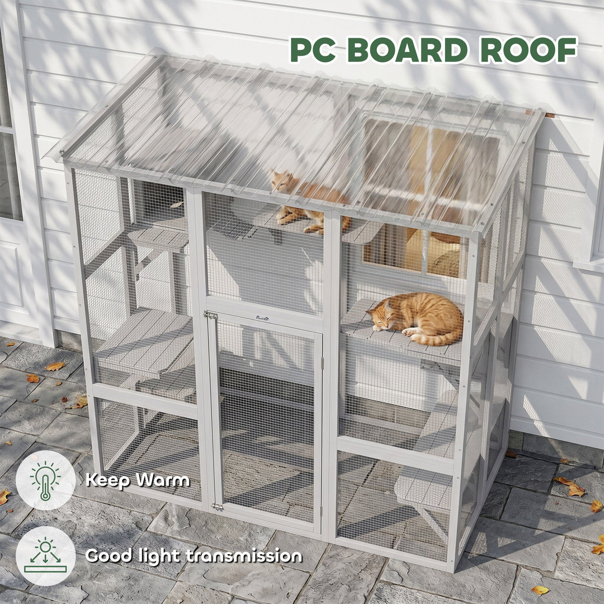 Large Outdoor Catio with Weatherproof Roof, Bridge, Resting Box, Platforms, Grey