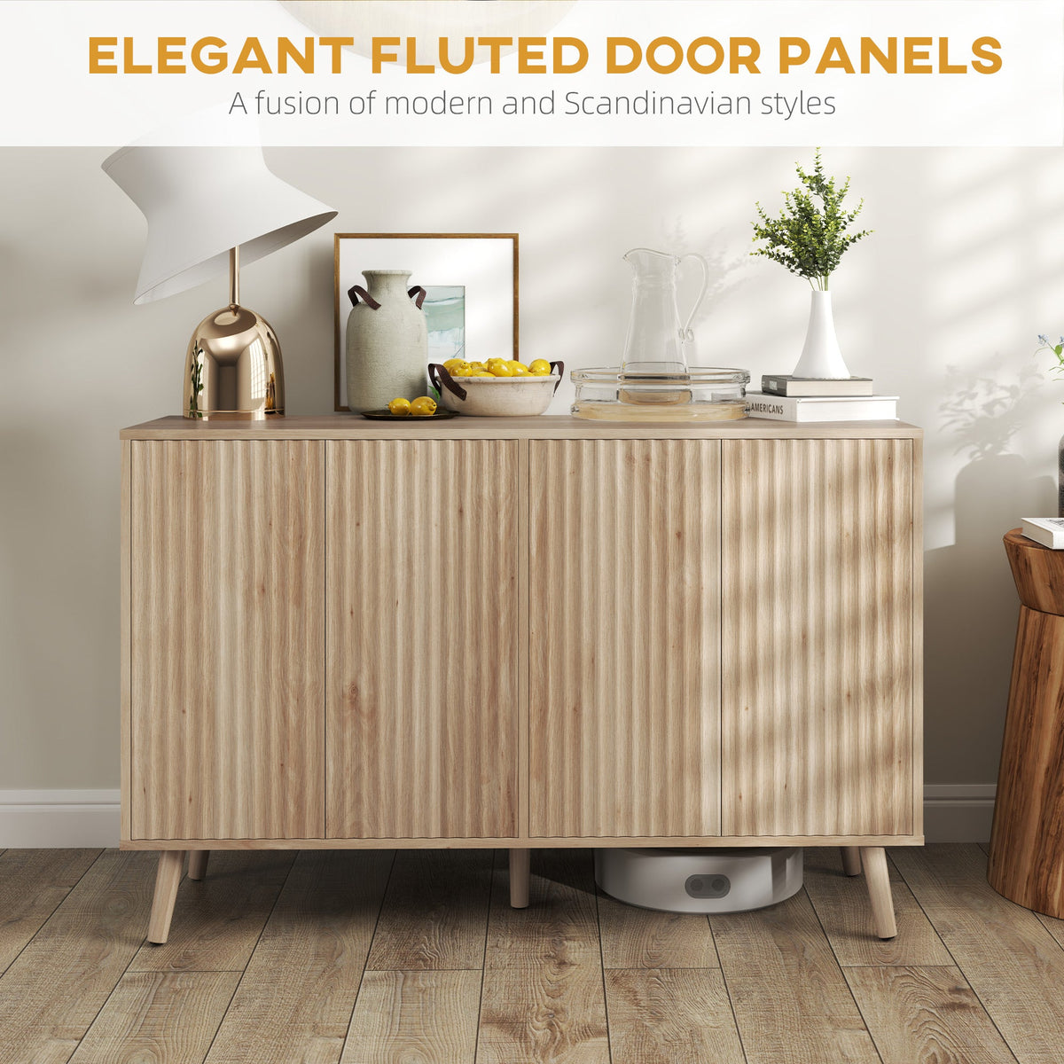 Buffet Cabinet with Storage Modern Fluted Sideboard with Adjustable Shelves Wood Legs for Dining Room Living Room Oak