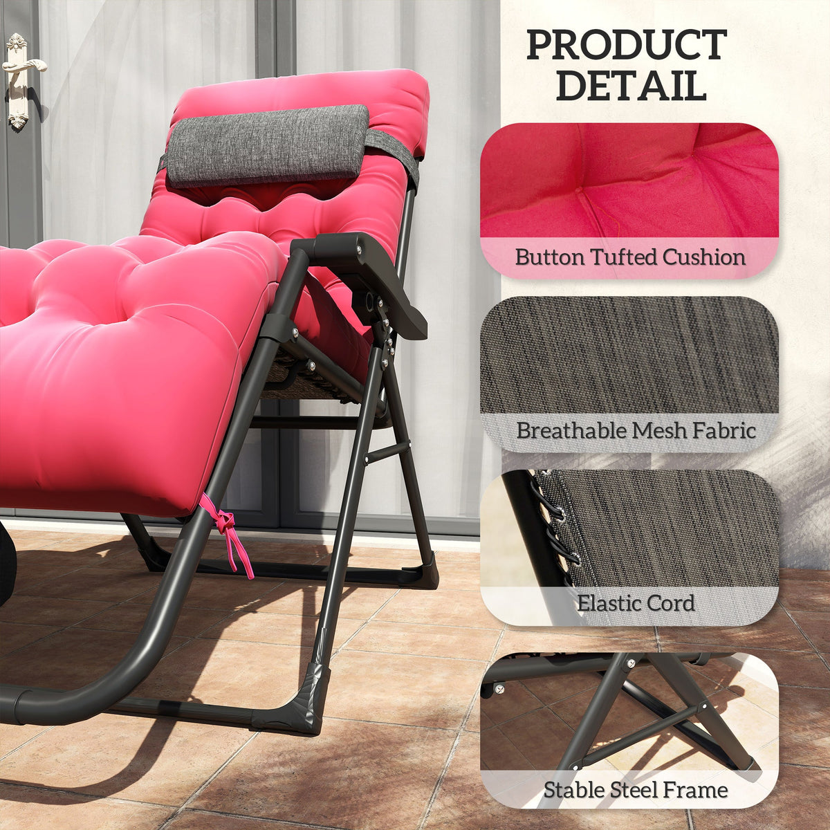 Padded Folding Recliner Chair, Patio Lounger with Cupholder, Adjustable Backrest, Removable Cushion, Black