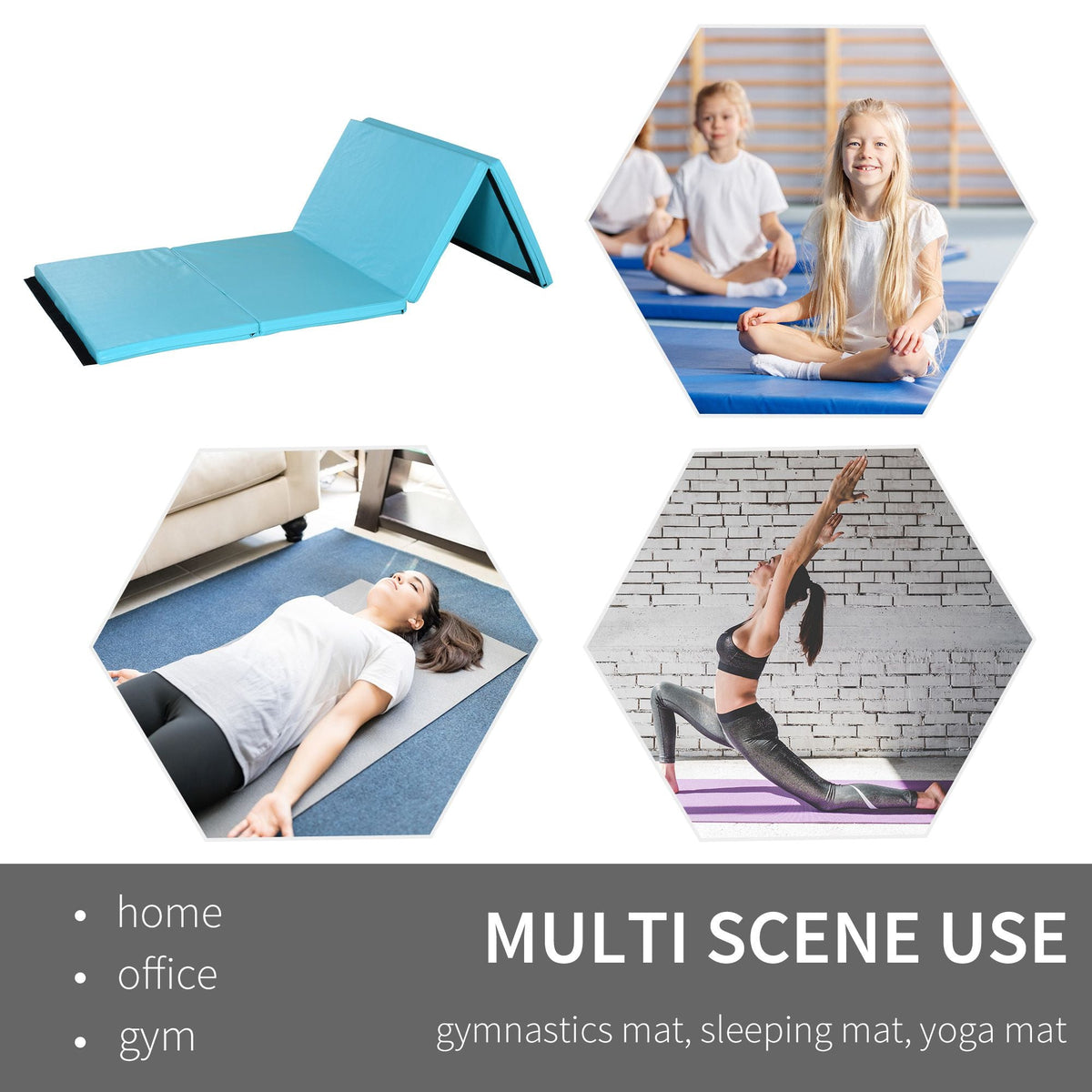4'x8'x2" Folding Gymnastics Tumbling Mat, Exercise Mat with Carrying Handles for Yoga, MMA, Martial Arts, Stretching, Core Workouts, Light Blue